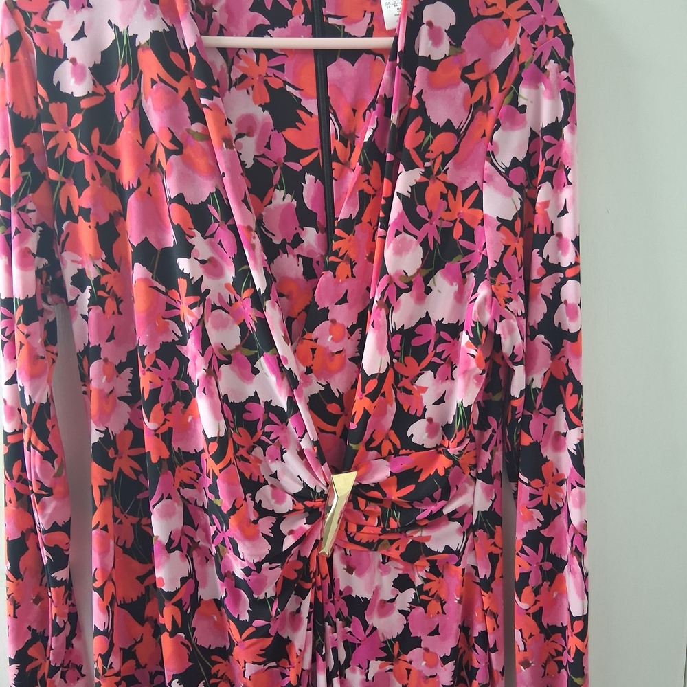 DKNY Black Floral Dress with Pink & Coral Blooms